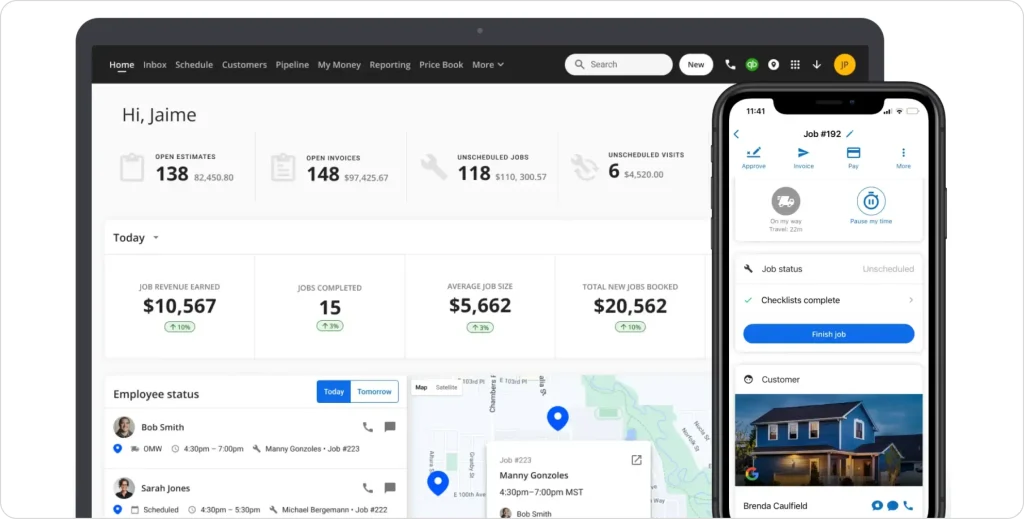 Housecall Pro dashboard showing job revenue, invoices, employee status, and live job tracking on desktop and mobile