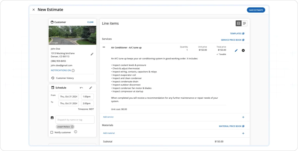 Housecall Pro estimate creation screen with service line items, pricing, and customer details