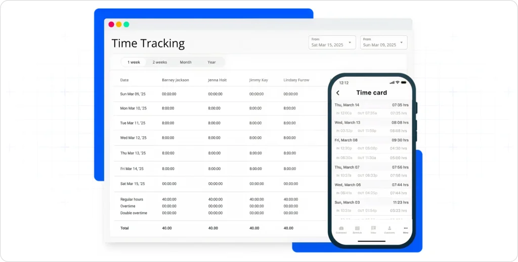 Housecall Pro time tracking dashboard displaying employee work hours and mobile time clock entries