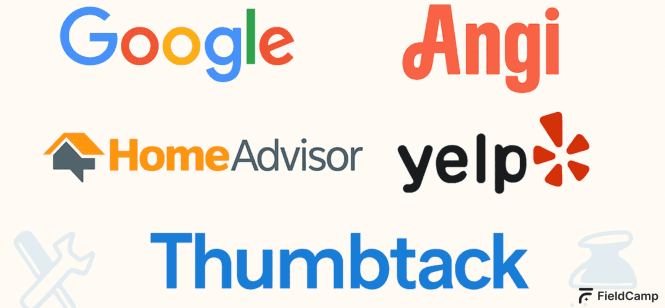 Logos of popular online booking and lead generation platforms including Google, Angi, HomeAdvisor, Yelp, and Thumbtack.
