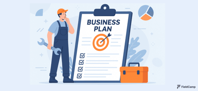 Illustration of handyman with business plan checklist for starting a handyman business strategy